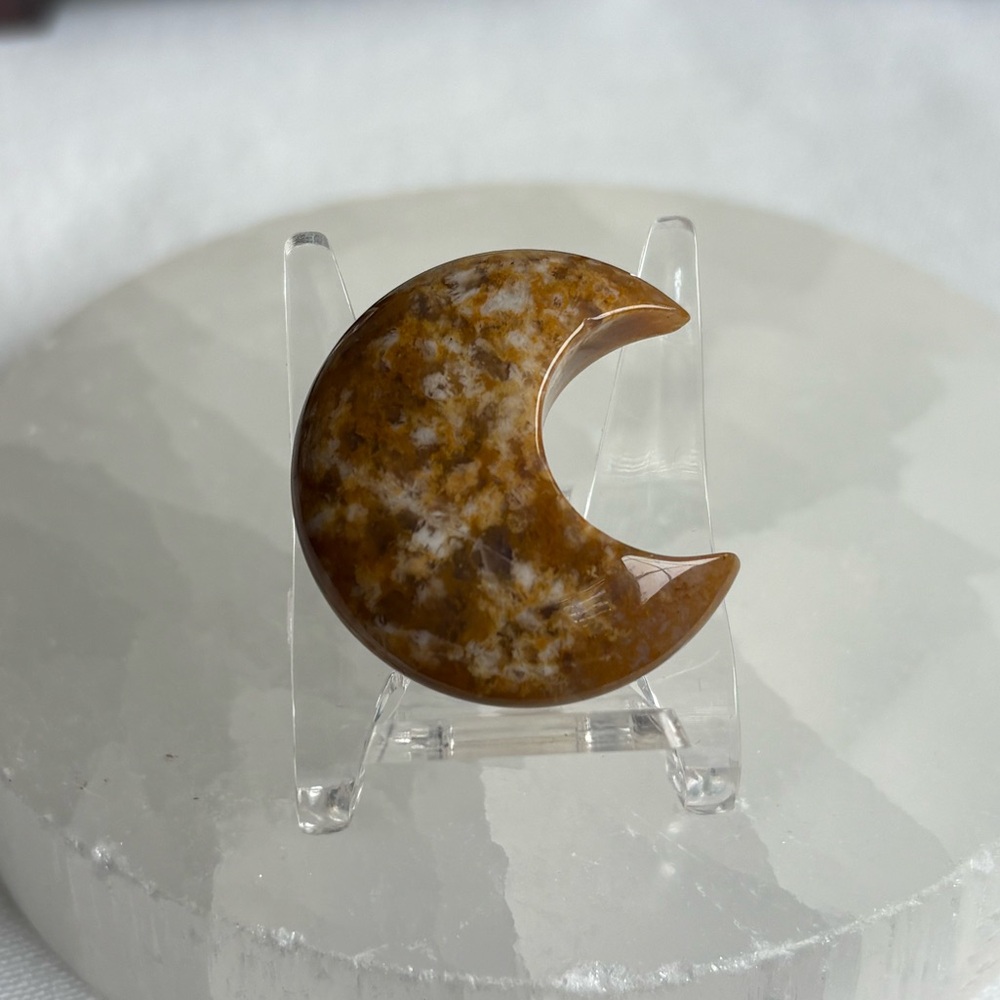 Yellow moss agate crystal moon carving